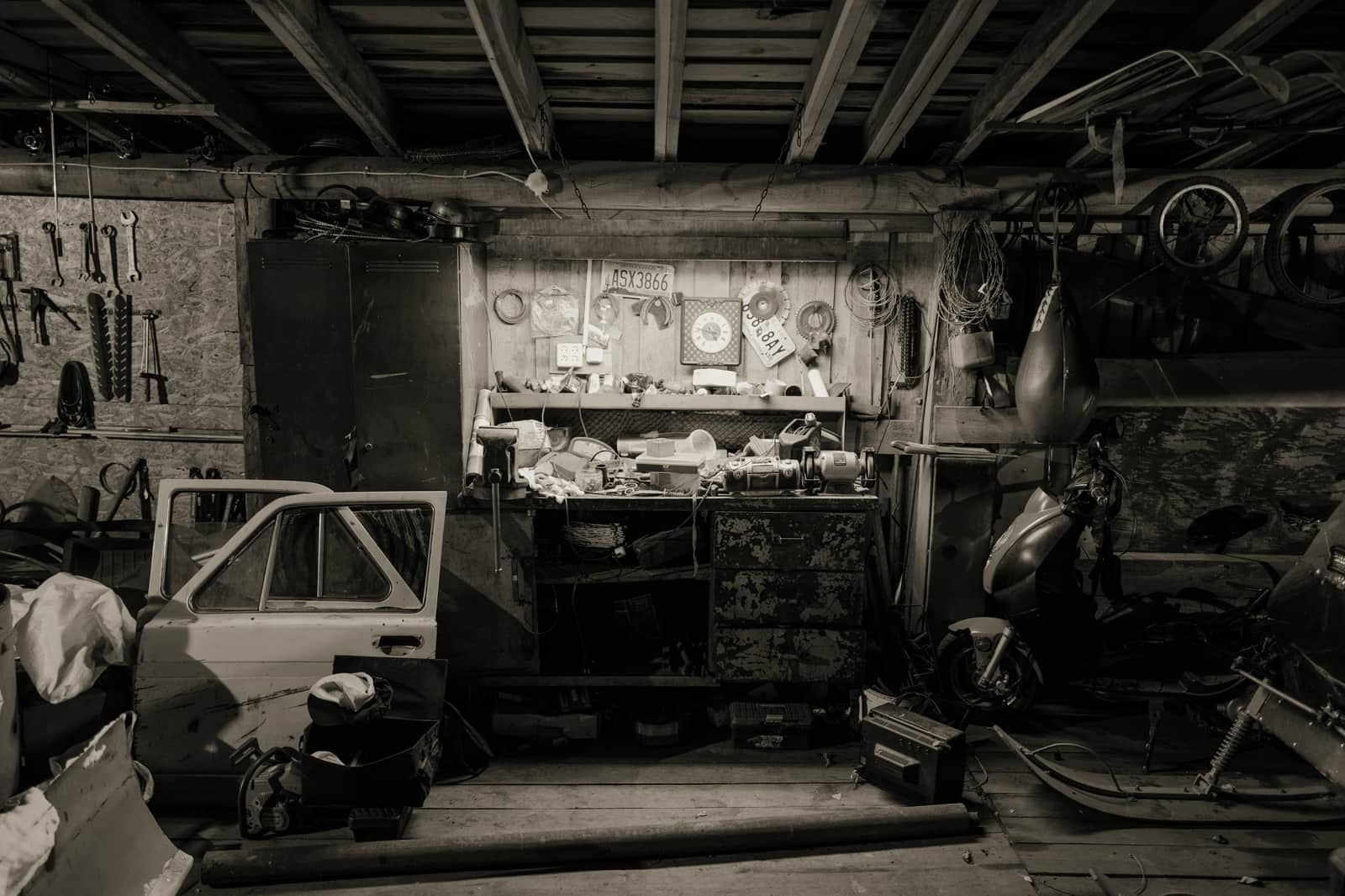 Workshop tools laid out on a bench