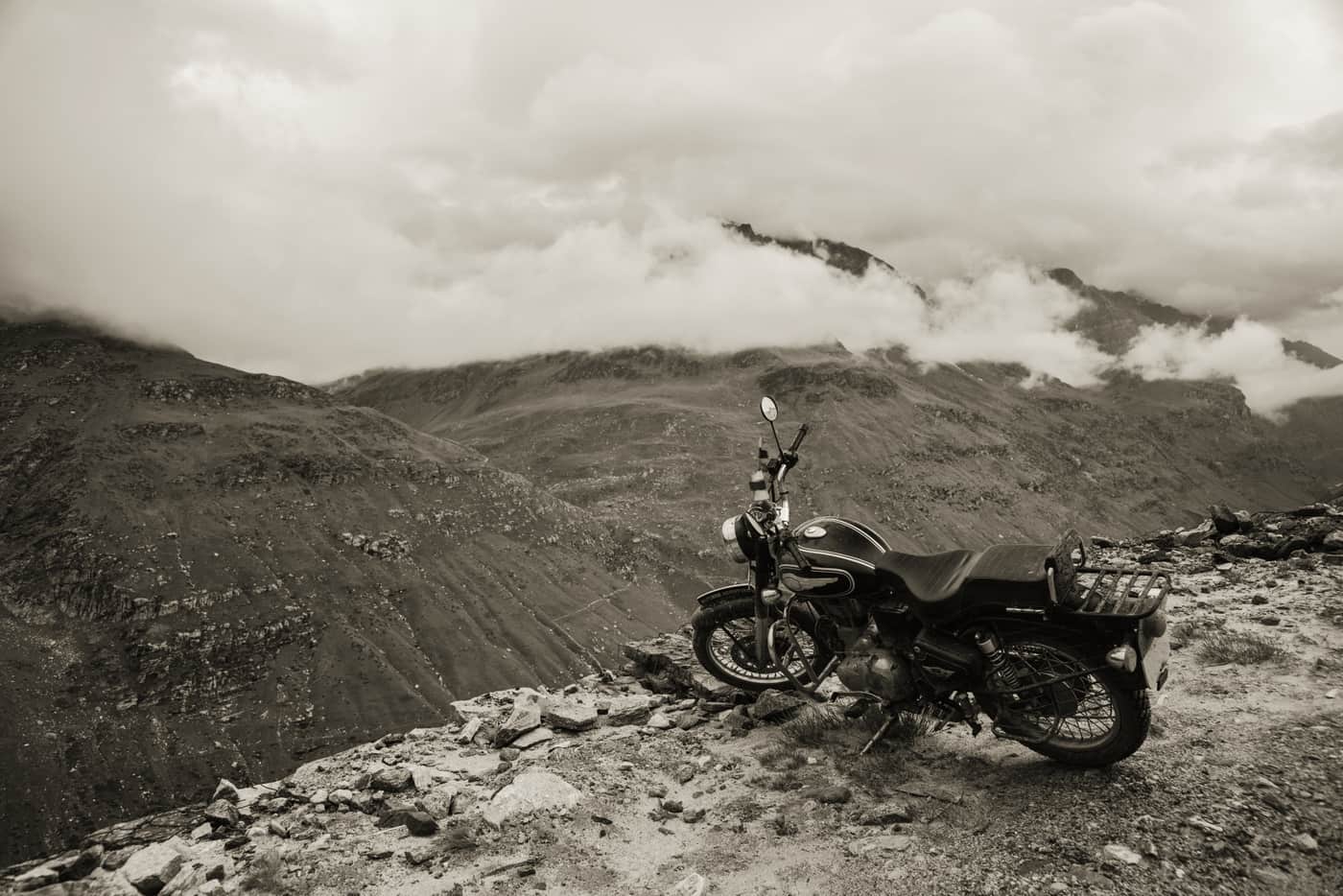 A motorcycle parked at the roadside